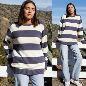 Brandy Melville Navy and Cream Striped Sweater